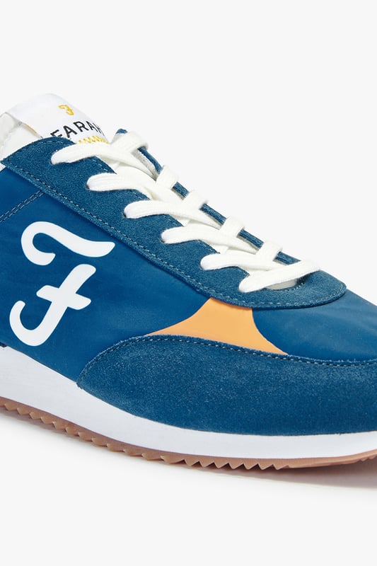Farah Blue 'Santo' Casual Lace Up Trainers Level up your look with these runner style trainers from Farah. These shoes feature faux suede panels, a cleated contrast rubber sole, Farah logo tongue detail and a statement Farah logo on the side of the shoe. In a sleek, sporty silhouette, these trainers are the perfect addition to your new season wardrobe. Available in other colours.