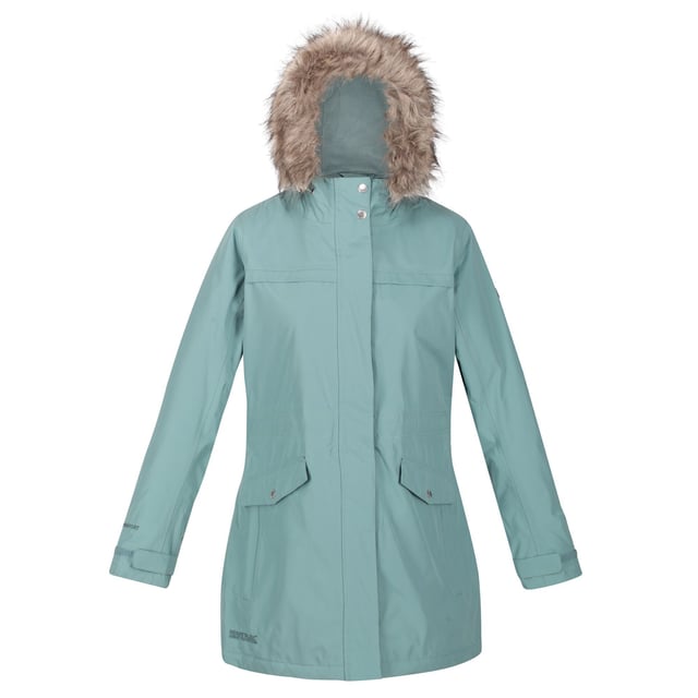 Material: Polyester: Polyester. Tyg: Hydrafort. Foder: Polyester. Design: Logotyp. Tygteknologi: Slitstark, Thermo-Guard. Fleecepanel, tejpade sömmar. Manschett: Justerbar. Halsringning: Huva. Ärmtyp: Långärmad. Funktioner på huva: Justerbar, avtagbar fuskpälskant, luvan har vuxit fast. Fickor: 1 invändig ficka, 2 nedre fickor. Fästanordning: Knäppning, tvåvägsdragkedja. Nedtill: Justerbar, Fishtail, Shockcord i nederkant.