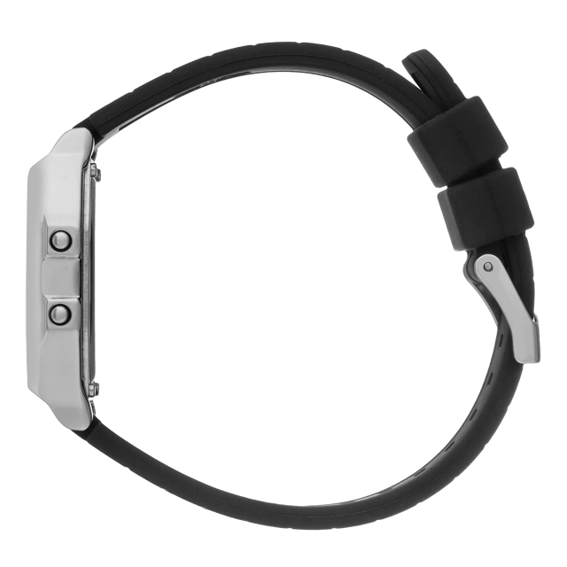 This Ice Watch Ice Digit Retro - Metal Silver Mirror - Black Digital Watch for Women is the perfect timepiece to wear or to gift. It's Silver  Rectangular case combined with the comfortable Black Silicone watch band will ensure you enjoy this stunning timepiece without any compromise. Operated by a high quality Quartz movement and water resistant to 3 bars, your watch will keep ticking. Let yourself be captivated by timeless charm with the ICE digit retro Metal silver mirror. With its design inspired by the classics of the past, this bold watch combines retro style with modern comfort thanks to its soft, comfortable deep-black silicone strap. This Digital watch has a calendar function: Day-Date , Stop Watch , Dual Time , Alarm and Light High quality 19 cm length and 18 mm width Black Silicone strap with a Buckle Case measurement: 32 X 34 mm,case thickness: 8 mm, case colour: Silver and dial colour: Silver