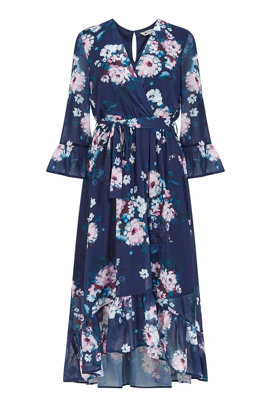 Navy Watercolour Floral Dip Hem Midi Dress
