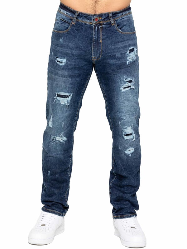 Upgrade your denim collection with Enzo Men's Distressed Ripped Jeans. Designed for the modern man, these jeans combine style and comfort with a classic straight leg cut and versatile 5-pocket design. The stretch fabric ensures a perfect fit and ease of movement. Featuring a zip fly fastening, distressed rip & repair detailing, and a branded back patch, these jeans add a rugged touch to any outfit. Ideal for casual outings or nights out, they effortlessly blend style and functionality.