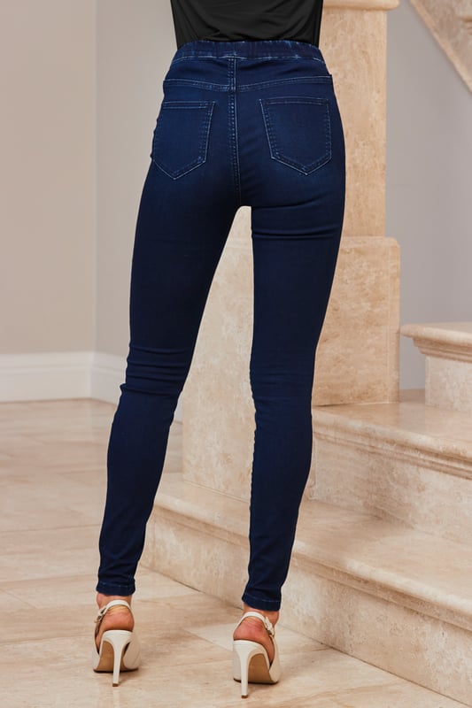 MORE STOCK COMING SOON - JOIN THE WAITLIST!
REASONS TO BUY:

Like jeans, but comfier
Soft touch fabric + elasticated waist = serious comfort
Chic indigo wash: dress them up or down
Cool biker zip detail
Classic skinny fit
You'll wear them with everything

Inside leg to fit: Short - 29" | Regular - 31" | Long - 33"