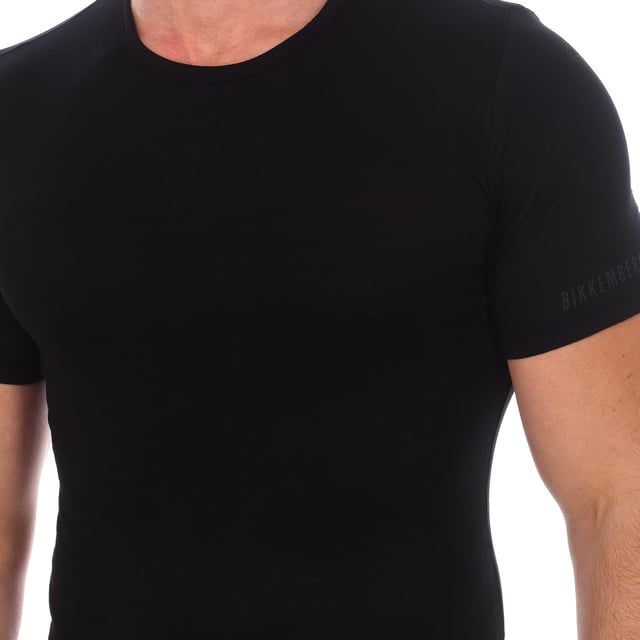 Bikkembergs short sleeve t-shirt.
 Round neckline with ribbed finish.
 Brand logo on the sleeve.
 Comfortable and breathable fabric.
 Seams seen in tone.
 Composition: 95% Viscose, 5% Elastane
 Care:
Wash at maximum temperature 30º.
 -Do not use bleach.
 -Do not dry clean.
 -Allows the use of an iron.
