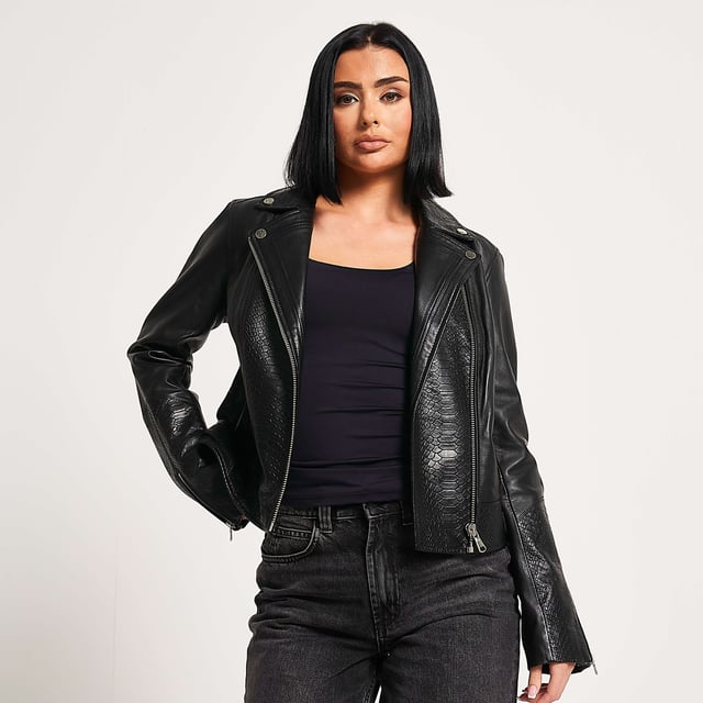 Barneys Originals Real Leather Biker Jacket with snake print detail panels