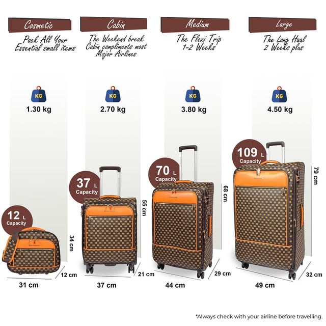 Elevate your travel experience with this Strong Soft Shell Durable Cabin Suitcases. This comprehensive collection includes a cabin suitcase, two check-in suitcases, delivering unparalleled convenience and style for your journeys.

Design Features:

Cabin suitcase designed to comply with airline regulations.
Check-in suitcases offer generous storage space, expandable by 5 cm for added flexibility.
Waterproof and durable PVC material for longevity and weather resistance.
360 rotating double wheels ensure effortless maneuverability.
TSA code lock guarantees security and peace of mind.
Crafted to withstand the test of time, this set embodies durability and elegance.
Seamlessly glide through airports and streets with the 360 rotating double wheels.
From the convenience of expandable storage to the assurance of the TSA lock, every detail is designed to enhance your travel experience. Travel smart, travel stylishly with Infinity.

MEASUREMNTS:

Cabin Suitcase: H: 55 (with wheels) / H: 48 (without wheels) x L: 37 x W: 21 cm, 2.7kg
Medium Suitcase: H: 68 (with wheels) / H: 61 (without wheels) x L: 44 x W: 29/34 cm, 3.8kg
Large Suitcase: H: 79 (with wheels) / H: 72 (without wheels) x L: 49 x W: 32/37 cm, 4.5kg.  - NOTE : Please select preferred size. Sizes sold individually, not in sets.