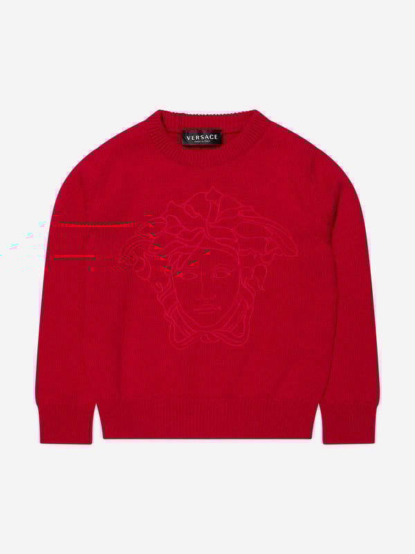 Luxury Italian label Versace use captivating Greek abstracts to create fun and playful aesthetics. This boys red sweatshirt embodies the Italian label's vibrant craftsmanship and innovative outlook. Made in refined material, this long-sleeved soft knit jumper has been depicted with a Medusa embroidery at the front, a ribbed crewneck, hem and cuffs. A mythological statement both captivating and unique, he will be obsessed.  Medusa Kids Embroidery Crewneck Elasticated Hem and Cuffs Outer Composition: 100% Pure Virgin Wool Embroidery: 100% Viscose Do Not Wash Do Not Bleach Do Not Tumble Dry Cool Iron Dry CleanVersace Size : Child's Height4Y: 41" / 104 cm 5Y: 43.5" / 110 cm 6Y: 45.5" / 116 cm 8Y: 50.5" / 128 cm 10Y: 55" / 140 cm 12Y: 60" / 152 cm 14Y: 64.5" / 164 cm