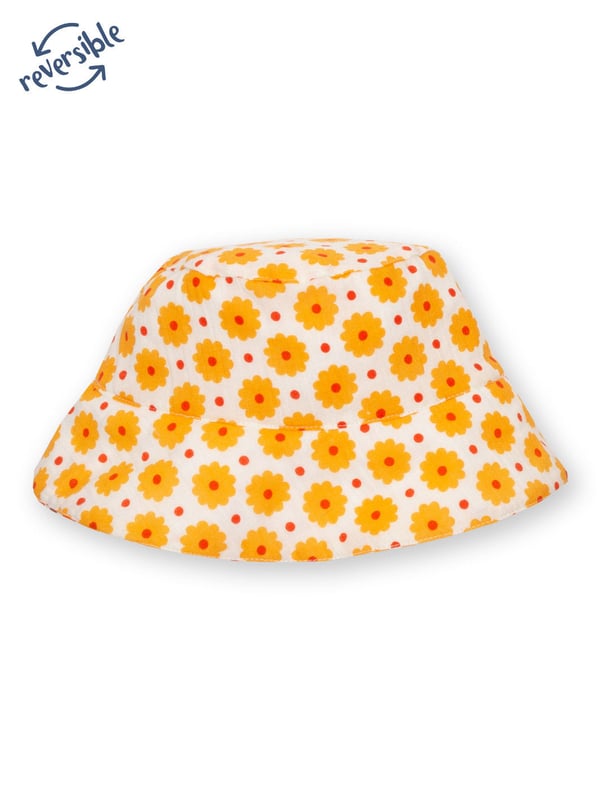 100% organic cotton |  Proud to be certified by Control Union to the Global Organic Textile Standard (GOTS) |  Groovy floral all-over print on one side |  Groovy dot all-over print on reverse |  Warm yellow |  Poplin and double layer muslin fabrics |  Fully reversible |  Protective brim |  Made in India |  Machine washable at 40 degrees, or at 30 degrees to be kinder to the planet