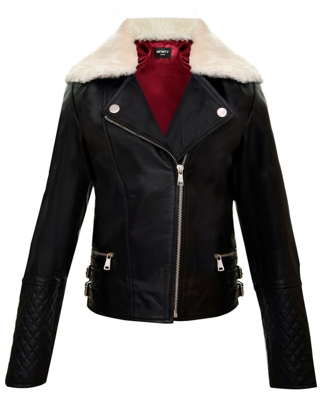 Haz que tu hija luzca lo mejor posible con esta lujosa chaqueta de motociclista de cuero para niña. Fabricada con suave y flexible piel de cordero negra de la más alta calidad y elaborada con técnicas de vanguardia por diseñadores experimentados, esta chaqueta de motociclista no compromete la calidad ni el estilo. Con un suave acolchado de cuero en los brazos y una cremallera asimétrica que conduce a un suntuoso cuello de piel de oveja desmontable, esta chaqueta no falla en nuestra promesa de crear chaquetas de cuero de primera calidad, prácticas y a la vez modernas, que llamen la atención dondequiera que vayas.