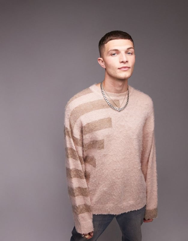 Topman knitted stripe jumper in pink Neutral