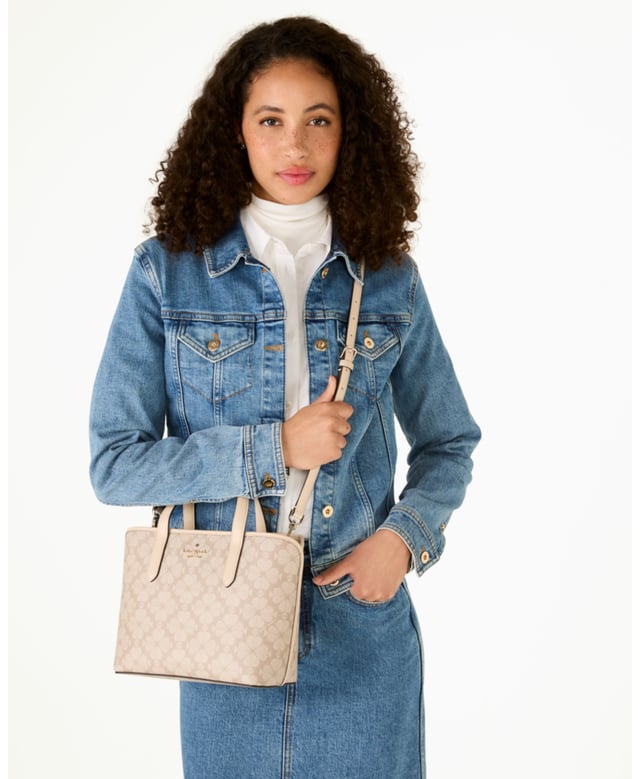 Featuring Our Iconic Spade Flower Print, This Timeless Mini Tote Will Perfectly Complement Any Look. It's Designed With Double Straps For Easy Carrying And Plenty Of Pockets For All Your Daily Must-Haves., Spade Flower Spade Flower Pvc Small Tote, Metal Pinmount With Spade Logo, Back Slip Pocket,  Length: 10.87 Cm,  Width: 23.80 Cm,  Height: 20.10 Cm