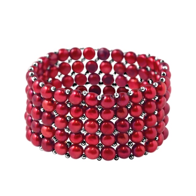 Bracelet 5 Rows of Real Freshwater Pearls - 4 mm - COLOR CHERRY - Length adjustable from 14 to 18 cm - Delivered with Certificate of Authenticity and International Guarantee - MADE IN FRANCE