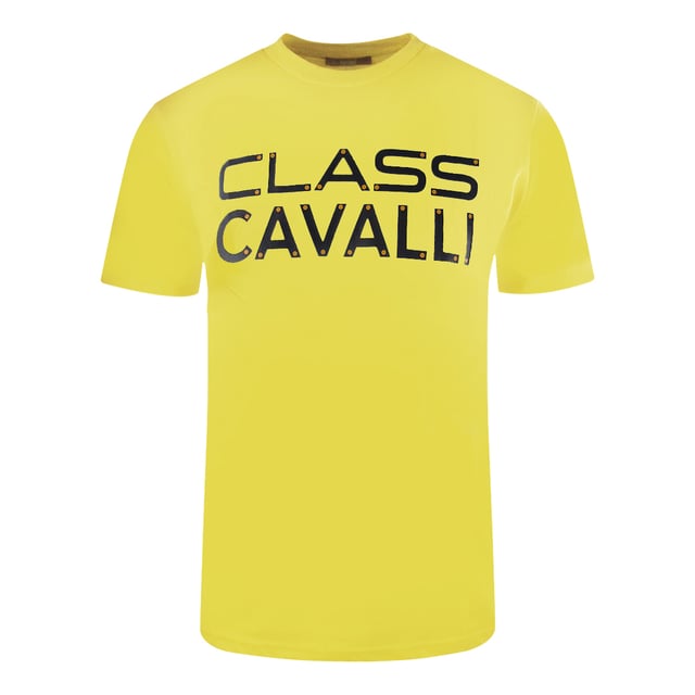 Blijf stijlvol en zelfverzekerd met dit gele T-shirt met logo van Cavalli Class. deze comfortabele top laat je unieke gevoel voor stijl zien en laat een onvergetelijke indruk achter!, Ronde hals, Korte mouwen, 100% katoen, Normale pasvorm, Valt normaal qua maat, Geel T-shirt