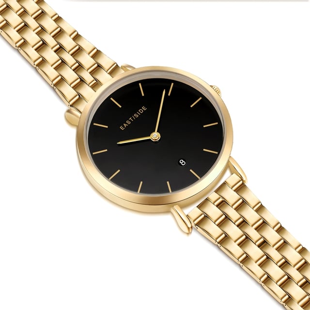 Classic watch design or modern lifestyle? This women's watch in the Eastside label can both and combine a design in the tradition of stylish clock classics with the pulsating zeitgeist of New York. The result is a timeless timepiece that fits many outfits and never gets out of fashion. A puristic dial with simple line indices, delicate sticker and date display fits into the yellow-gold metal housing. The also yellow-gold, hard-wearing stainless steel bracelet in a link-arm strap look scores with a comfortable safety folding. A precise quartz watchwerk guarantees everyday suitability and reliable longevity.