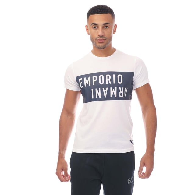 Mens Emporio Armani Crewneck T- Shirt in white navy.- Round collar.- Short sleeves.- Printed bold logo.- Regular fit.- 100% Cotton.- Ref: 21181847605810