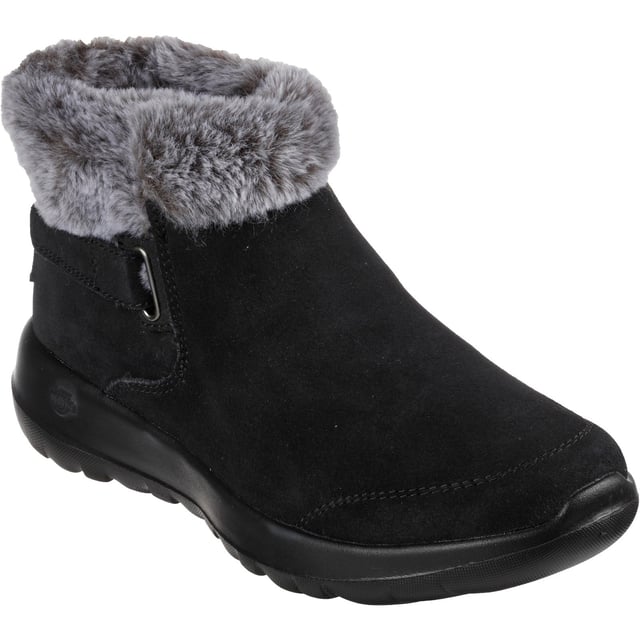 Enjoy the season in plush comfort with Skechers On-the-GO Joy First Glance. This slip-on cold-weather bootie features a 3M Scotchgard treated suede upper with a faux-fur trim and lining plus a Skechers Air-Cooled Goga Mat insole.