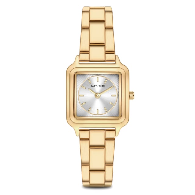 GENERAL INFORMATION:  • Targetgroup: Female  • Wristwatch: No Special Functions  • Display: analogue  • Weight of watch w/o box (gr.) - approx.: 60  MOVEMENT:  • Movement: Quartz  • Term of Movement: 2025  • Origin of movement: Japan  BRACELET:  • Material of bracelet/strap: Stainless steel  • Plating of bracelet/strap: Ion-Plating (IP)  • Finishing of bracelet/strap: Smooth  • Finishing/Decoration of bracelet/strap: None  • Clasp/Closure/Buckle: Security-folding clasp  • Color of bracelet/strap: Yellowgold  • Length of bracelet/strap (mm) approx.: 210,0  • Width of bracelet/strap (mm) approx.: 13,8  • Style/Design of bracelet/strap: Link bracelet  • Bracelet/strap adjustable?: Yes  CASE:  • Shape of case: Square  • Size/Diameter of case in mm . approx.: 25,0 x 32,0  • Height of case in mm: 8,1  • Case material: Metal (Alloy)  • Surface of case: Polished  • Bezel/Topring: Fixed  • Finishing/Decoration of case: None  • Material of case back: Stainless steel  • Lock of case back: No screwed-in crown  • Color of case: Yellowgold  • Coating/Plating (Case): Ion-Plating (IP)  • Type/Form of crystal: Flat  • Material of crystal: Mineral crystal  DIAL:  • Size jewelry care cloth: Hour, Minute  • Indices: Line indices  • Material of dial: Brass  • Structure/pattern of dial: Flat/sunray  • Color of dial: White  PUSHER, CROWN, HAND:  • Pusher: None  • Corrector: No  • Crown: No screwed-in crown  • Type of hands: Pole hand  • Luminescent (hands): No  PACKAGING & SCOPE OF DELIVERY:  • Box: Yes  • Service booklet: Yes  • Manual: Yes