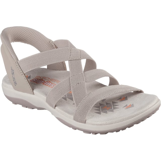 Skechers Reggae Slim Stretch Flex Textiel Dames Sandalen Taupe Geniet van zonnige dagen in luchtig comfort met Skechers Hands Free Slip-ins: Reggae Slim - Stretch Flex. Deze sandaal met bandjes is ontworpen met ons hielkussen en heeft een bovenwerk van stretchstof met een hielstuk achter en een voetbed met kussentjes.