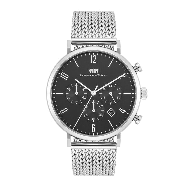 The premium men's watch from the Rhodenwald & Sons manufacture combines the design of sporty chronographs with the simple elegance of a dresswatch. The popular functions of 24-hour display, stopwatch and date are integrated into a puristic dial with tricompax arrangement-an ideal companion not only in the office, but also in leisure time, for a suit and jeans. The model convinces with a durable stainless steel housing, slim stickers and a precise and durable quartz train. A special highlight is the filigree mesh look of the Milanaise bracelet made of stainless steel.