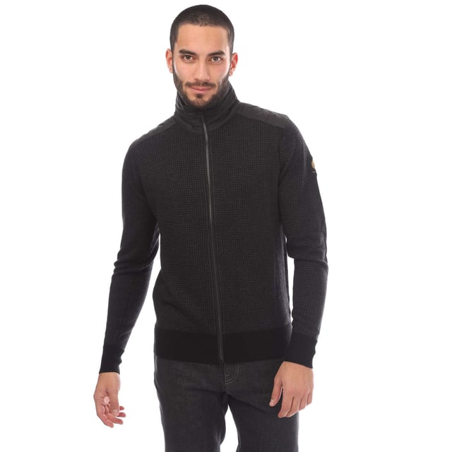 Mens Belstaff Kelby Zip Cardigan in black.- Stand-up collar.- Two-way zip centre front closure.- Ribbed cuffs and hem.- Belstaff phoenix patch on left sleeve.- Channel quilted shoulder reinforcement detailing.- Virgin merino wool with polyester detailing.- 100% Wool.- Ref: 105316BCHRC