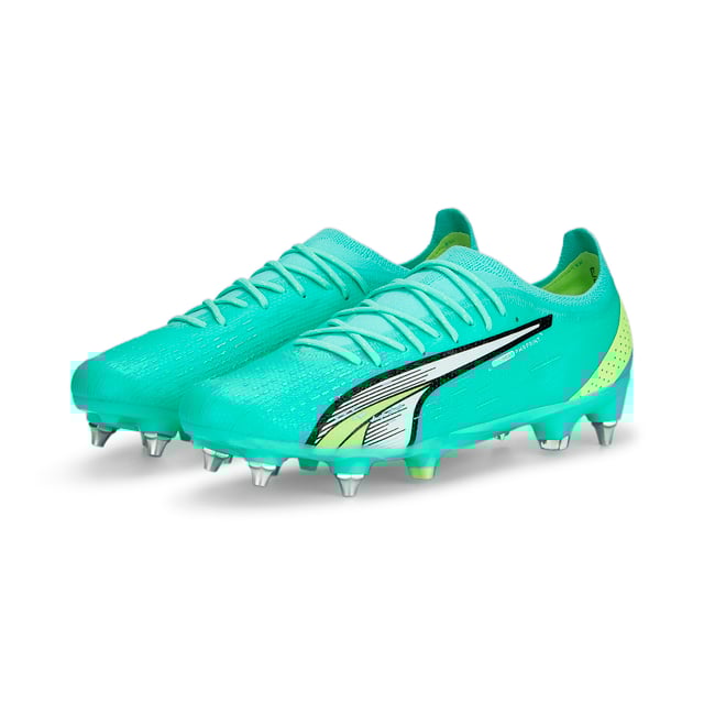 PRODUCT STORY: ULTRA - Not even you knew you could be this fast. Turn seconds into records with the ULTRA ULTIMATE football boot. Lighter means quicker, so the ULTRAWEAVE upper material makes every gram and every second count. The dual-density SPEEDPLATE tooling is inspired by PUMA’s track running heritage (fast), made of high-performance PEBA material (light), and optimized for direct-speed stability and propulsion (sweet). Ultra-light. Ultra-fast. ULTRA ULTIMATE. FEATURES & BENEFITS : Recycled content: The upper of this shoe is made with at least 20% recycled materials as a step towards a better future; ULTRAWEAVE: Ultra-light, engineered fabric with a structured, 4-way stretch that reduces weight and friction. Built for athletes looking to increase speed and strength; PWRTAPE: Targeted upper reinforcement for support and durability; SPEEDPLATE: Dual-density outsole for next-level traction and propulsion.DETAILS : Lightweight removable sockliner with NanoGrip technology keeps the foot from slipping inside the boot; MxSG: Mixed soft ground outsole; Suitable for use on soft natural surfaces.