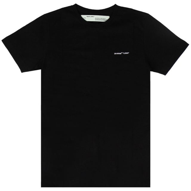 Blijf stijlvol met dit Off-White Slim Fit T-shirt. Dit T-shirt heeft een iconisch logo op de borst en zal zeker een gespreksstarter zijn. Pronk met je unieke stijl!, Iconisch logo op de voorkant, Effen achterkant, Gebroken wit zwart T-shirt, Slim fit, 100% katoen, Gemaakt in Portugal, Ronde hals, Streetwear, Korte mouwen, Zwart T-shirt