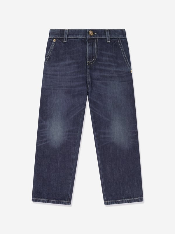 Versace's Italian portraits embody fine detailing and impeccable construction. These boys slim fit jeans capture the label's eccentric personality and rebellious edge. Made in refined cotton denim, they feature a four-pocket design amplified by a small Medusa stud. A top-stitched Versace Logo details the back patch pocket for a sleek statement feel.  Versace Logo Kids Embroidery Medusa Hardware Belt Loops Front Button and Zip Closure Four-Pocket Design Elasticated Waistband Back Leather Logo Patch Outer Composition: 100% Cotton Embroidery: 100% Polyester Lining: 65% Polyester, 35% Cotton Machine Wash Cold (Delicate) Do Not Bleach Do Not Tumble Dry Cool Iron On Reverse With Damp Cloth On Top Delicate Dry Clean Wash Inside Out Protect Accessory Before WashingVersace Size : Child's Height4Y: 41" / 104 cm 5Y: 43.5" / 110 cm 6Y: 45.5" / 116 cm 8Y: 50.5" / 128 cm 10Y: 55" / 140 cm 12Y: 60" / 152 cm