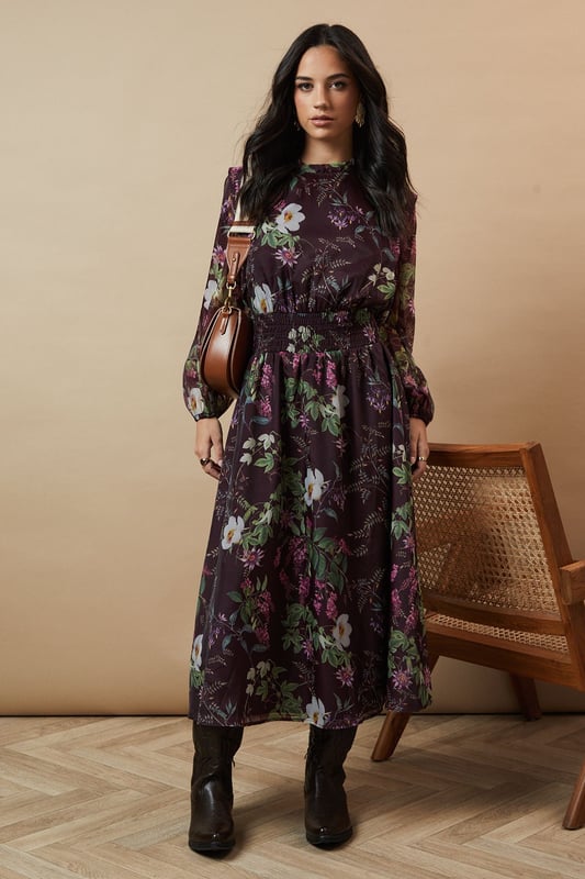 Floral Organza Shirred Waist Tie Back Midi Dress Floral Organza Shirred Waist Tie Back Midi Dress