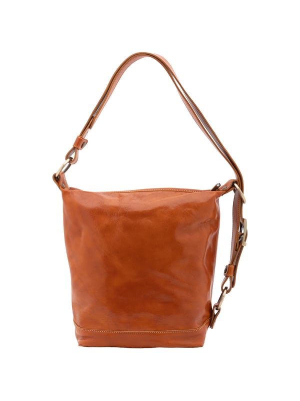 Bolso tipo bombonera para mujer. El cierre es con cremallera. Los bolsillos internos son uno con cremallera. Los bolsillos externos están ausentes. La bandolera es ajustable en piel. Falta el mango. Hay un compartimento interno. El material exterior es auténtica piel de vacuno. Internamente está forrado en algodón. Medidas: 34x33x15 cm. Hecho en Italia