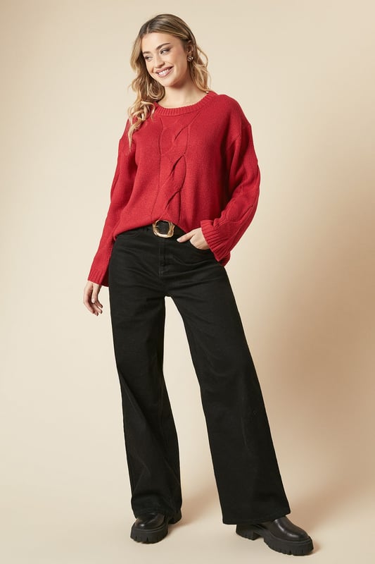 Centre Front Cable Design Crew Neck Jumper