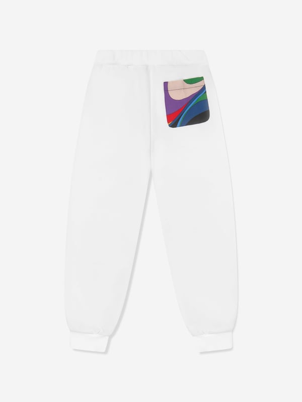 Emilio Pucci embody innovation and timeless luxury in their beautifully crafted designs. These girls ivory joggers are depicted in cotton jersey with an elasticated waistband, back 60s swirl multicolour print pocket and contrast 60s swirl trim. Complete with PUCCI printing and side pockets. She will look effortlessly up to date. ‚ Ribbed Cuffs/Hem ‚ 100% Cotton