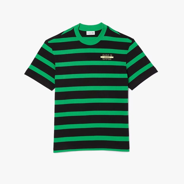 Men's Lacoste Striped 3D Print Cotton T-Shirt.- Relaxed fit, comfortable ease on body with lower shoulders.- Cotton jersey.- Golf print 3D at chest.- Embroidered crocodile at under middle back collar.- Shell: Cotton (100%).- Collar: Cotton (95%), Elastane (5%). Machine washable. Ref: TH1488PIQ.