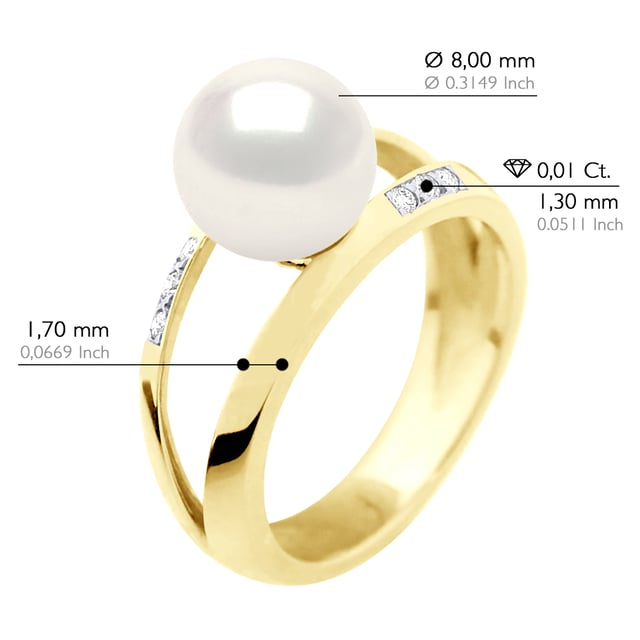 Ringsmycke 0,06 cts ( 6 x 0,01 cts ) - Gult guld - Äkta odlad sötvattenspärla rund 8-9 mm - FÄRG NATURLIG VIT - finns i storlekar jämna nummer från 48 till 62 - Levereras med äkthetscertifikat och internationell garanti - MADE IN FRANCE