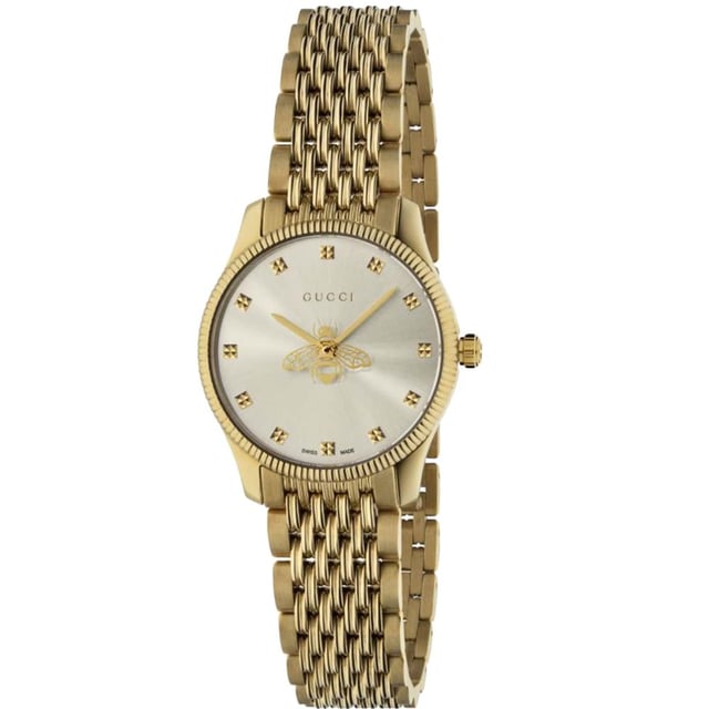 MANUFACTURER PRODUCT NUMBER YA1265021CATEGORY WatchesBRAND GUCCIWATCH MARKERS DotsWATER RESISTANT 50 MetresGender WomenMOVEMENT QuartzCASE MATERIAL Stainless Steel & PVD Yellow GoldDIAL COLOUR SilverSTRAP MATERIAL Stainless Steel & PVD Yellow GoldDIAMETER 29mmBRAND COLLECTIONS G-Timeless