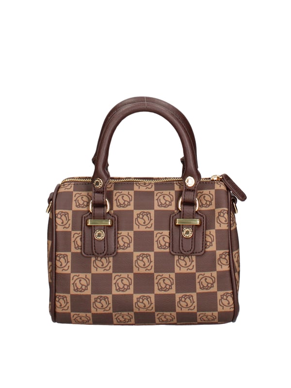 Handtasche mit Doppelgriff und Reißverschluss. Metalldetails und Nieten, um die Griffanhänge hervorzuheben. Frontpatch mit Schreiben. Orangenschale im Monogrammdruck mit Ton-auf-Ton-synthetischer Finish. Verstellbarer und abnehmbarer Schultergurt.