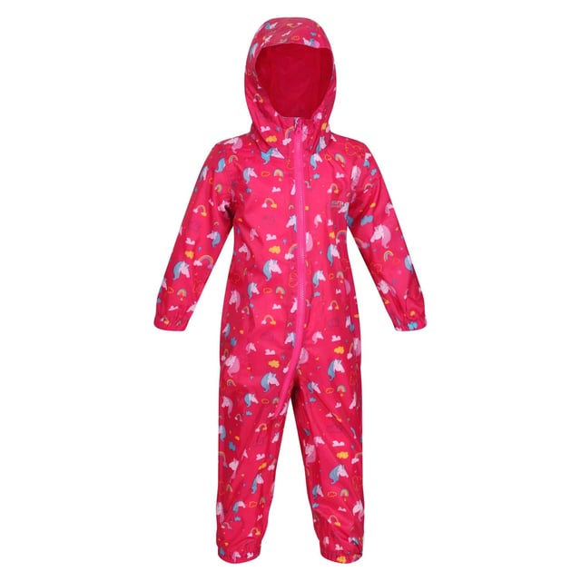 Regatta Infants Waterproof Puddle Suit in Pink The kids Puddle ll all-in-one from Regatta. This waterproof and breathable puddle suit will keep the littlest of adventurers dry and comfortable. Lightweight fabric with elasticated waist and cuffs and a grown on hood will keep them dry in all weather. Material: 100% Polyester. Ref: RKW263WN1.