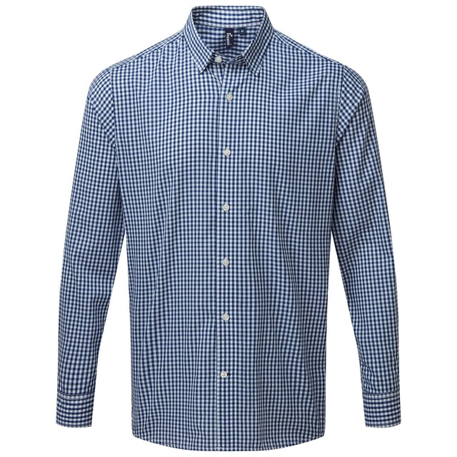 65% Polyester, 35% Baumwolle. Stoff: Garngefärbt. Muster: Kariert, Gingham. Ausschnitt: Button-Down, Schmaler Kragen. Verschluss: Abgeknöpft. Manschette: Geknöpft. Ärmel-Typ: Lang-Ärmel. Stoff-Technologie: Strapazierfähig. Rückenpasse, Pflegeleicht, Ärmelschutz. Passform: Semi-Fitted. 110 g/m². Nachhaltigkeit: Amfori, BSCI, REACH, Sedex, WRAP zertifiziert.