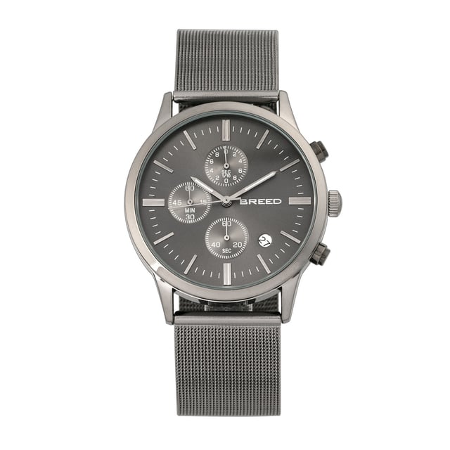 Polished Alloy Case; Precision Japanese Quartz Movement; Full-Function Chronograph; Non-Glare Scratch Resistant Mineral Crystal; Logo-Engraved Stainless Steel Caseback; Alloy Mesh Bracelet ; Logo-Engraved Box With Tongue And Safety Clasp; Luminous Hands; Date Display; 42mm Case Diameter; 5ATM Water Resistance;