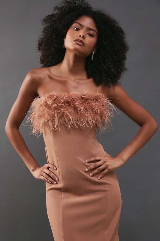 Feather Detail Diamante Strap Bandeau Midi Dress