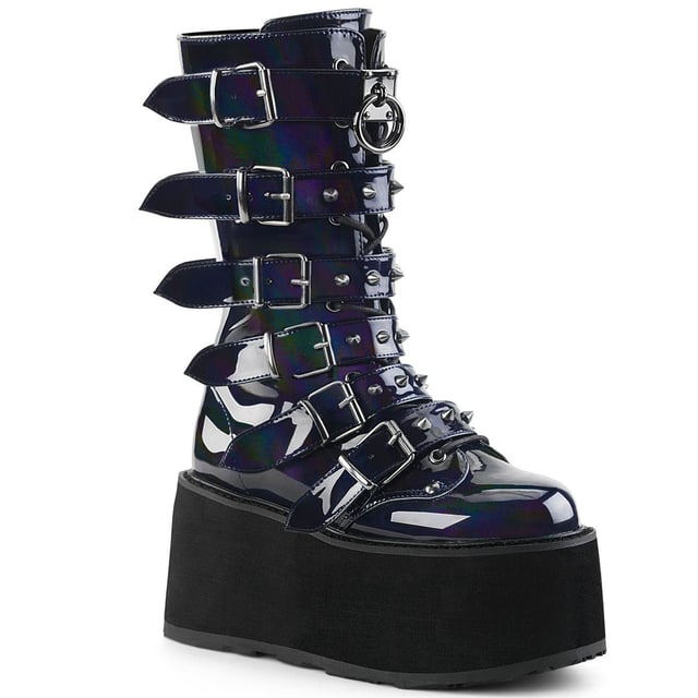 Demonia's Damned 225 is the ultimate mid-calf gothic platform boot. With kaleidoscopic black holographic leather uppers, 6 metal buckles with spiked studs along the front of the lace-up boots and the commanding presence given by the 3.5" thick rubber sole, you will turn heads wherever you go. With a side silver zipper to make it easy to take the boot on and off, this boot excels in comfort, practicality and above all style. Whether you're seeking to make a statement or just want to look good, these shoes are the top choice.