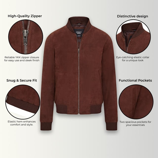 Introducing the Men's Varsity Suede Leather Bomber Jacket, a refined take on the classic MA-1 flight jacket. Crafted from 100% soft goat suede, this jacket offers exceptional durability and a supple drape. The exposed zip front features a wide, quilt stitch zip stand, complemented by a rib knit collar, cuffs, and hem for added warmth and a sleek silhouette. With four pockets�two at the waist and two inside, including a secure zipped pocket�this fully lined jacket combines style and functionality seamlessly.

� Made from 100% soft goat suede for durability and comfort
� Exposed zip front with quilt stitch zip stand
� Rib knit collar, cuffs, and hem for insulation
� Four pockets: two waist and two interior, one with a zip
� Fully lined interior for added warmth and comfort