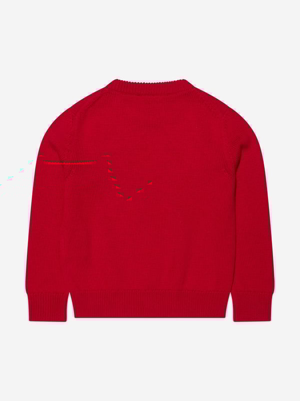 Luxury Italian label Versace use captivating Greek abstracts to create fun and playful aesthetics. This boys red sweatshirt embodies the Italian label's vibrant craftsmanship and innovative outlook. Made in refined material, this long-sleeved soft knit jumper has been depicted with a Medusa embroidery at the front, a ribbed crewneck, hem and cuffs. A mythological statement both captivating and unique, he will be obsessed.  Medusa Kids Embroidery Crewneck Elasticated Hem and Cuffs Outer Composition: 100% Pure Virgin Wool Embroidery: 100% Viscose Do Not Wash Do Not Bleach Do Not Tumble Dry Cool Iron Dry CleanVersace Size : Child's Height4Y: 41" / 104 cm 5Y: 43.5" / 110 cm 6Y: 45.5" / 116 cm 8Y: 50.5" / 128 cm 10Y: 55" / 140 cm 12Y: 60" / 152 cm 14Y: 64.5" / 164 cm
