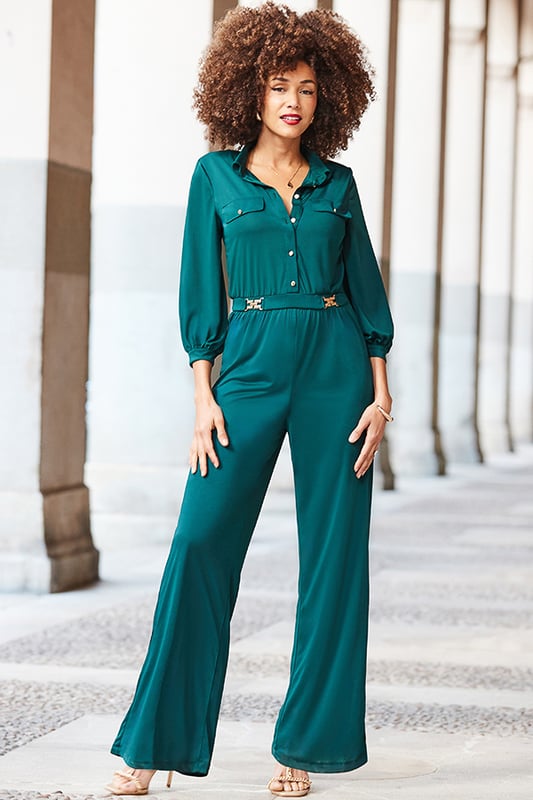 Make everyone green with envySlinky fabric drapes softly over your bodyCinched waist falls to flattering wide-legs Gold hardware and blouson sleeves up the luxe factor Style with ankle boots for the 9-5 Take it out-out with gold heels Inside leg to fit: Short 29" | Regular 31" | Long 33"