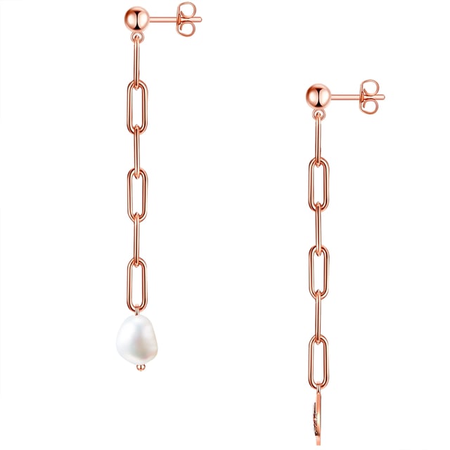 Are you in love with the stylish shimmer of pearls, but do you like trendy jewelry designs? Then these pretty earrings of the Valero Pearl label will conquer their heart! Eyecatcher is the brave liaison between classic pearl and a coarse-meshed chain in an asymmetrical concept: While a baroque freshwater breeding pearl dangles on one earlobe, the other earlobe adorns a small medallion with a star emblem. Frictional chains and medallions are made of stainless steel and refined with a feminine rosé gilding. A practical plug -in closure ensures high wearing comfort.
