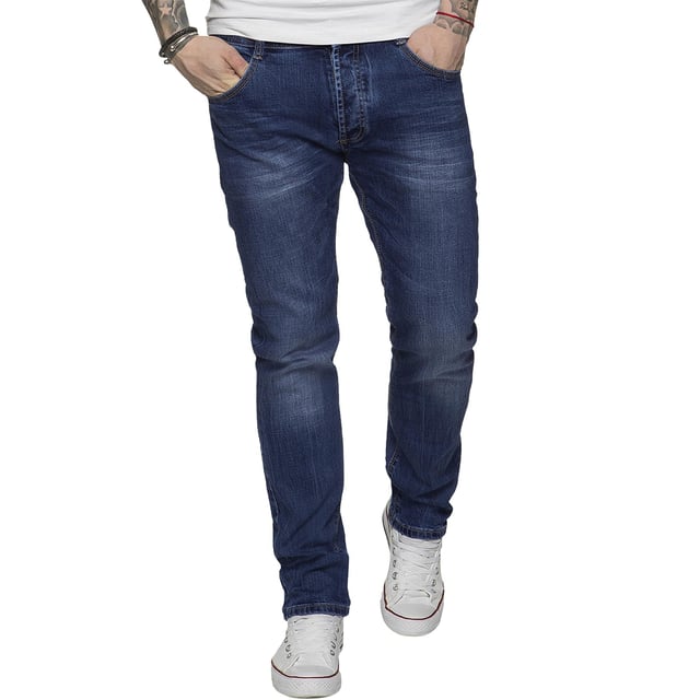  ETO Mens Tapered fit Stretch Jeans for Casual and Work Wear, Button Fly Fastening, Contrast Stitching, Branded Buttons and Rivets, Front Pockets Are Secured with Rivets, 5-Pocket Design, 98% Cotton, 2% Spandex, Machine washable (See Tags) .