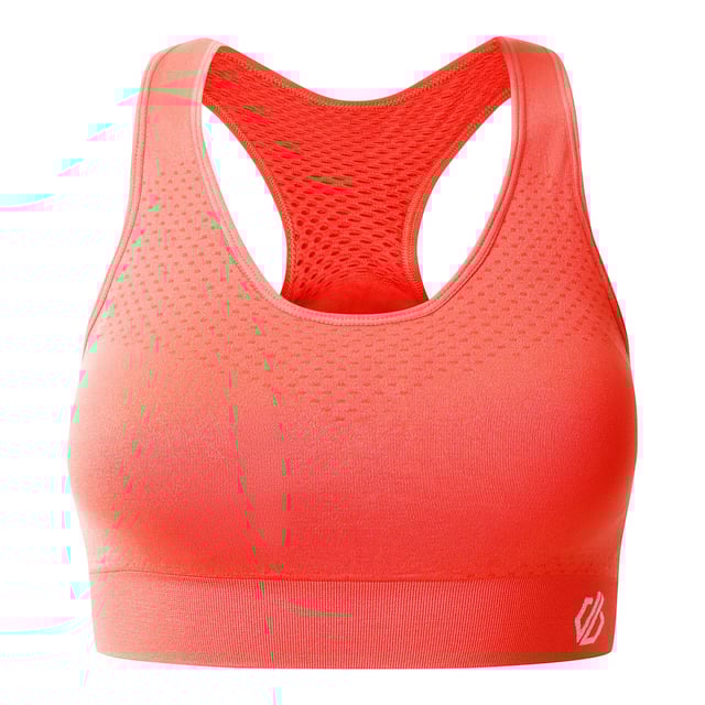Material: Elastane, Nylon, Polyamide, Polyester. Fabric: Mesh, Q-Wic, Stretch. Design: Logo, Plain. Fabric Technology: Antibacterial, Moisture Wicking, Quick Dry, SeamSmart Technology. Medium Support, Removable Padded Cups, Seamless, Shaped Cups. Back Style: Racerback. Neckline: Scoop. XS: 27 in. S: 29 in. M: 31 in. L: 32 in. XL: 34 in.