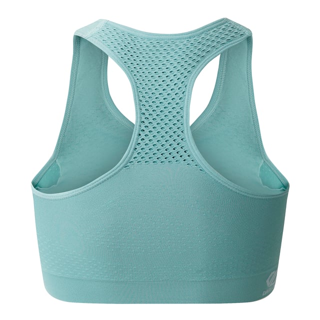 Material: Elastane, Nylon, Polyamide, Polyester. Fabric: Mesh, Q-Wic, Stretch. Design: Logo, Plain. Fabric Technology: Antibacterial, Moisture Wicking, Quick Dry, SeamSmart Technology. Medium Support, Removable Padded Cups, Seamless, Shaped Cups. Back Style: Racerback. Neckline: Scoop. XS: 27 in. S: 29 in. M: 31 in. L: 32 in. XL: 34 in.
