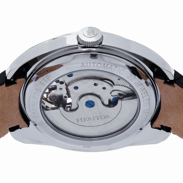 316L Surgical-Quality Stainless Steel Case; Jeweled M2701-1A Automatic Movement; Jewel Bearings: 22 Jewels; 41 Hour Power Reserve; Beats per Hour (BPH): 21600/Hour; Sapphire-Coated Mineral Crystal; Semi-Skeleton Dial; Observation Case back to view Movement; Genuine Leather Strap; Logo-Engraved Stainless Steel Clasp; 46mm Diameter; 5 ATM Water Resistance;