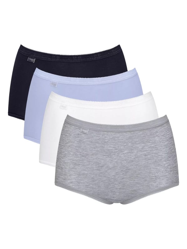 Maxi Slip für Frauen im praktischen 4er Pack von der Marke Sloggi. Einfarbige Shorts mit kleiner Spitze am Bund und Beinabschluss. Hoher Tragekomfort und perfekte Passform.