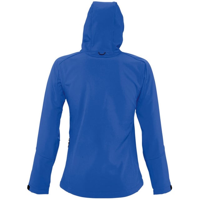 Breathable, windproof and water resistant. Shaped fit. Taped neckline. Hood with adjustable drawcord. Collar high full zip with inner storm flap and chin guard. Two front zip pockets and one right chest zip pocket. Tear release adjustable cuffs. Adjustable drawcord at hem. Drop tail. Access for decoration. Material: Stretch soft shell fabric has a 94% polyester/6% elastane outer, membrane and polyester fleece backing. Ladies size: S(8/10), M(12), L(14), XL(16), XXL(18).