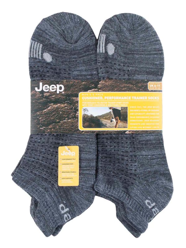 Jeep socks are crafted and designed for the great outdoors. For thick, durable, and reliable socks, these men's Jeep range socks are for you. This Jeep collection is designed for the active man who likes to spend his time in rugged terrain – with specialist socks available for hiking, walking and skiing. A selection of men's Jeep socks is also available in gift boxes, making them a great present for that active man in your life. Made for the athletic type, these performance polyester socks are ankle length which help to wick away moisture and sweat during physical activities. Designed to help improve your performance, these trainer socks are durable and feature breathable panels which keep your feet dry and fresh. The terry loop cushioning provides comfort and act as an anti-shock to the sock. The built in elasticated arch support prevents the feet from feeling fatigued and provides an extra layer of protection. These socks feature shaped cuffs which provide additional support with extended tabs for the Achilles tendon. These socks are available in sizes 6-11 UK. They are made from 95% Polyester 5% Elastane. They come in a pack of 6 in Black, White. Charcoal/Grey, Grey/Light Grey.